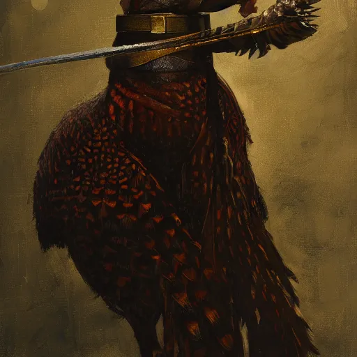 Image similar to a pheasant is girded with a belt, a sword hangs on the belt, by lily seika jones , rivuletpaper art, top cinematic lighting, cinematic mood, very detailed, shot in canon, by Viktor Vasnetsov, oil painting, harsh fairy tale, soft style, hyperrealism, beautiful, high resolution, trending on artstation, steps 50