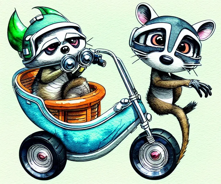 Prompt: cute and funny, racoon wearing a helmet riding in a tiny streetrod with oversized engine, ratfink style by ed roth, centered award winning watercolor pen illustration, isometric illustration by chihiro iwasaki, edited by range murata, tiny details by artgerm and watercolor girl, symmetrically isometrically centered