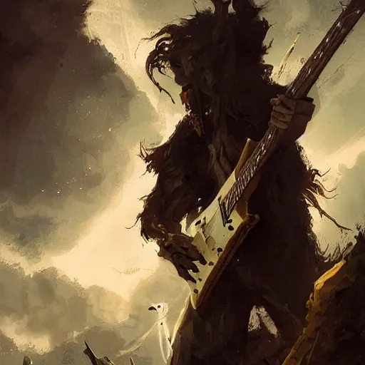 Image similar to flying v guitar in hand of man by greg rutkowski