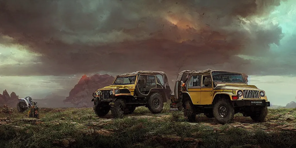 Image similar to Mahindra thar, an epic fantasy, dramatic lighting, cinematic, establishing shot, horizon forbidden west, extremely high detail, photorealistic, cinematic lighting, by simon stalenhag