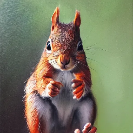 Image similar to oil painting of a muscular!!!! squirrel with bulging!! human!! biceps!!!!, 8 k, high quality