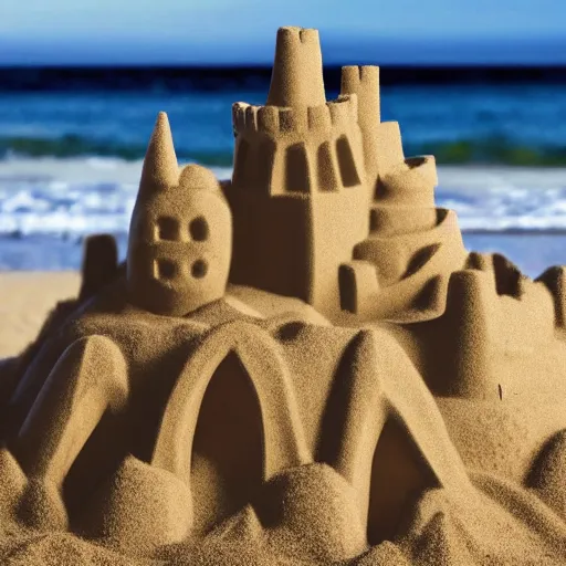 Prompt: photo of sand castle being surrounded by water on the beach, photo realistic