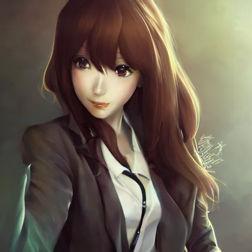 Prompt: kurisu makise, elegant, ultra highly detailed, digital painting, smooth, sharp focus, artstation, top-down shot, art by Ina Wong