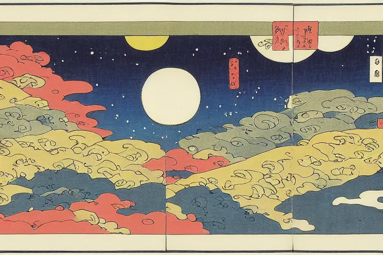 Image similar to eight planets arranged in a row, with stars and sun in background ， by hiroshige utakawa