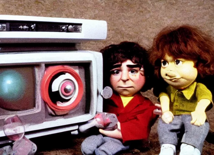 Prompt: a scene from a 1 9 7 0 s british kids tv programme by the bbc and oliver postgate, stop motion animation, peter dinklage, vhs distortion, cathode ray tube distortion, folk horror, hauntology