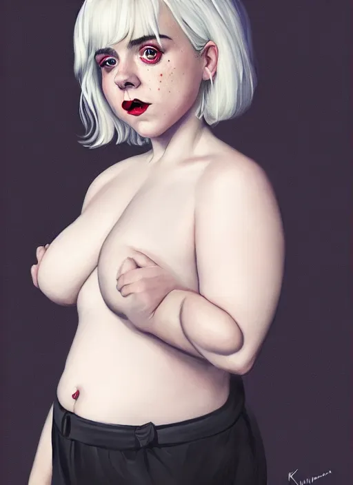 Image similar to full body portrait, kiernan shipka as sabrina spellman, white hair, obese, bangs, sultry, realistic, sultry smirk, fluffy bangs, freckles, fat, belly, intricate, elegant, highly detailed, digital painting, artstation, concept art, smooth, sharp focus, illustration, art by wlop, mars ravelo and greg rutkowski