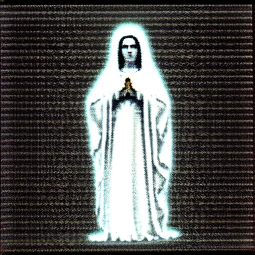 Image similar to vhs static overlay of marian apparition, vhs, 1 9 9 0, highly realistic, highly detailed, vhs noise static, black and white, vhs glitch