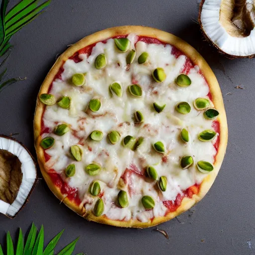 Image similar to A coconut ((🍕)) made entirely out of 🥥 , 🥥 🍕 hybrid, 4k food photography