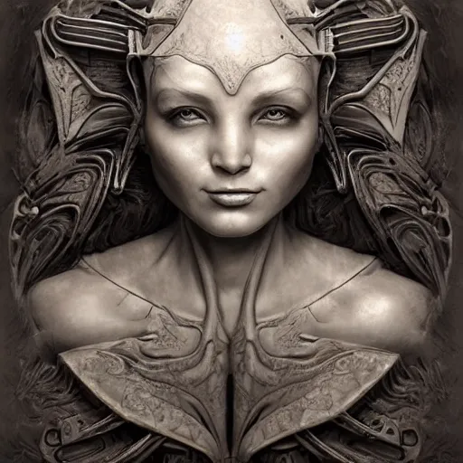 Image similar to a portrait of a feminine cyborg nymph - machina carved from stone - by tony diterlizzi, ilford hp 5, 5 5 mm, hyper realistic, super detailed by artgerm, tomasz alen kopera, peter mohrbacher, hyper - goth, horror - core, joseph christian leyendecker and h. r
