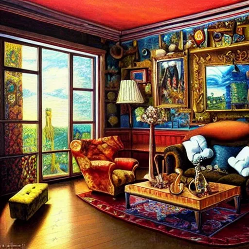 Image similar to a painting of a living room filled with furniture, a surrealist painting by jacek yerka, cgsociety, fantastic realism, maximalist, surrealist, detailed painting