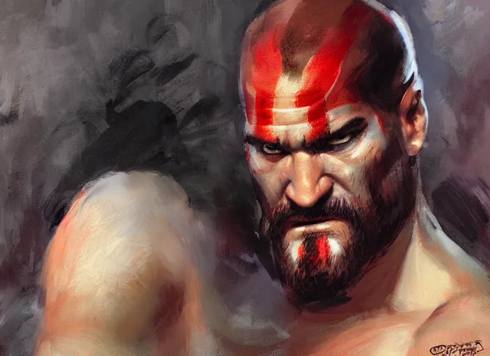 Prompt: a highly detailed beautiful portrait of tarantino as kratos, by gregory manchess, james gurney, james jean