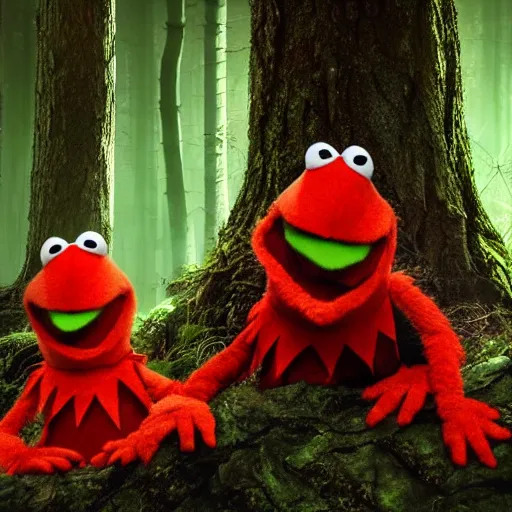 Image similar to demonic muppets in magical forest, kermit, elmo, dark atmosphere, soft lighting, high detail, 8 k