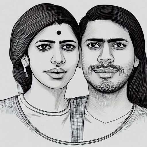 Image similar to perfectly centered symmetrical split male and female portrait of young indian man and woman in love sharing one heart. illustration, highly detailed, simple, no jagged lines, smooth, artstation, artwork by chip zdarsky