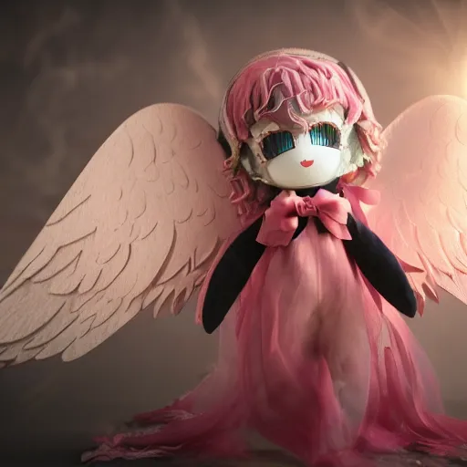 Prompt: cute fumo plush of a divine angel, gothic maiden, ribbons and flowers, ruffled wings, feathers raining, particle simulation, clouds, vray, outline glow lens flare burning sun, fallen angel