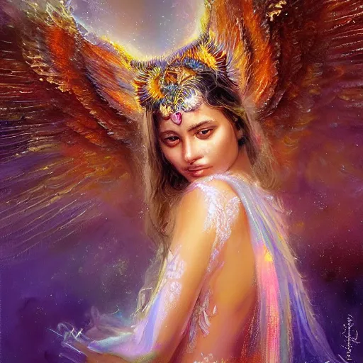 Image similar to Sri lankan girl as a winged angel covered in eyes with glowing halo, iridescent, seraphim, fantasy, intricate, elegant, highly detailed, digital painting, smooth, sharp focus, illustration,art by Daniel F. Gerhartz