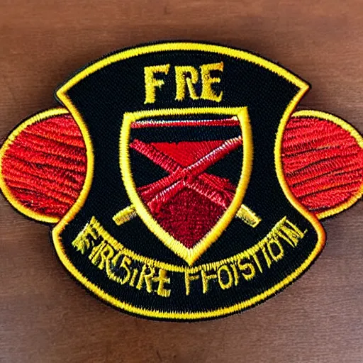 Prompt: fire station embroidered patch retro - futuristic design