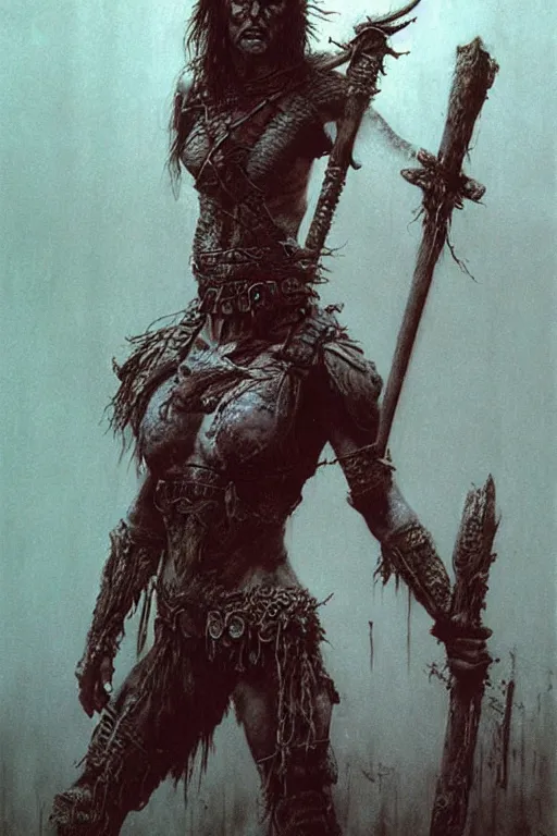 Image similar to alyson hannigan as barbarian by beksinski