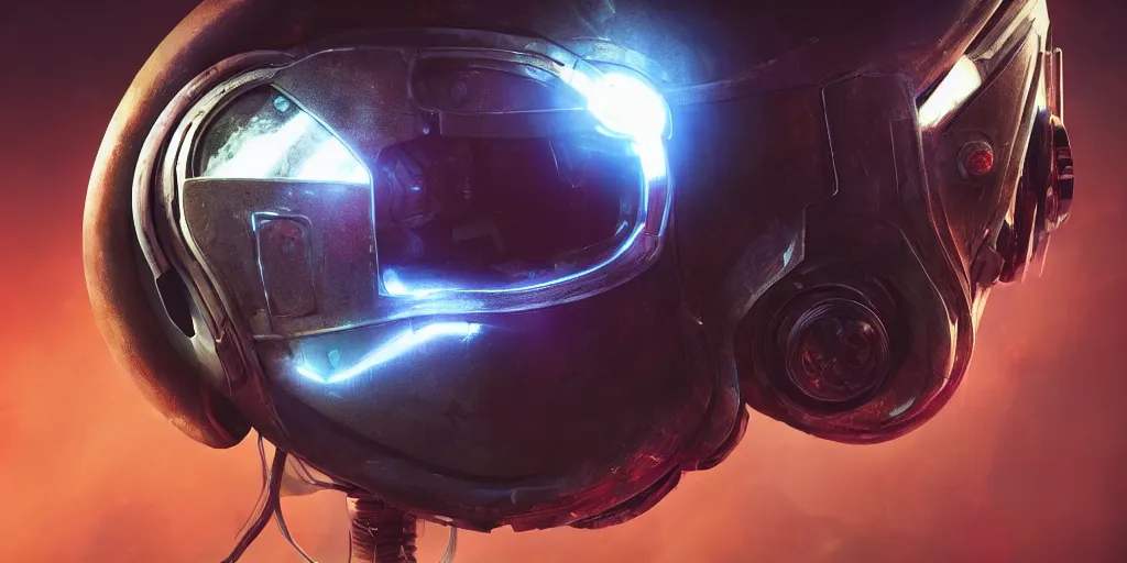 Prompt: a closeup of a futuristic alien robot helmet on mars, reflection, cyberpunk, fallout 5, impressive lighting, deep colors, apocalyptic setting