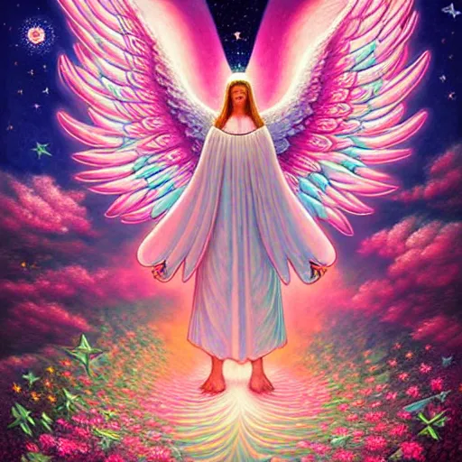 Image similar to abstract biblically accurate angel, giant wings, pink, flower blossoms, stars, night sky, hyper detailed, kawaii, by jacek yerka, lewandowski, hopper and gilleard, ryden, wolfgang lettl, hints of yayoi kasuma