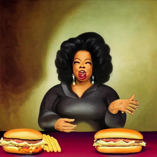 Prompt: surreal grotesque kitsch low-brow portrait of Oprah Winfrey emerging from deep shadows eating hamburgers, extra onions and ketchup, luscious patty with sesame seeds, figure in the darkness, serving big macs, french fry pattern ambience, Francisco Goya, painted by John Singer Sargant, Adrian Ghenie, style of Francis Bacon, highly detailed, 8k, trending on artstation