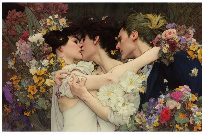 Image similar to the groom kisses the bride at a wedding full of flowers, bright and happy, dreamlike art, highly detail, 4 k realistic, wedding photoy krenz cushart. artem demura. alphonse mucha. yoji shinkawa artgerm. jon lothian. danilo torres. adi meyers. thomas reimann. gaston bussiere.