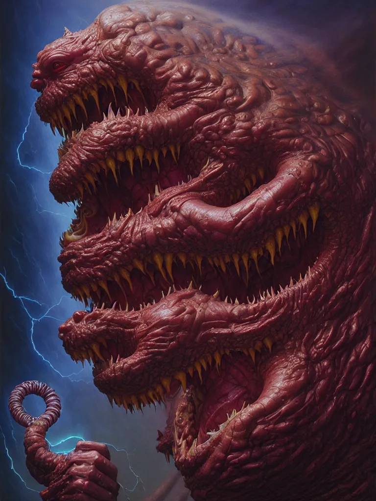 Image similar to hyperrealistic rendering, fat smooth cronenberg flesh monster d & d displacer beast face by donato giancola and greg rutkowski and wayne barlow and zdzisław beksinski, eyeballs, lightning, magic runes, product photography, action figure, sofubi, studio lighting, colored gels, colored background