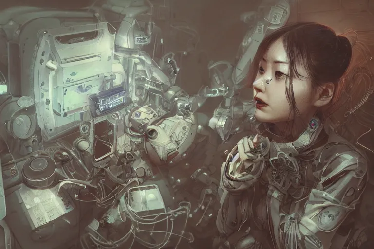 Image similar to hyperrealistic photography of a machine entering a female host in the style of Jin Kagetsu, James Jean and wlop, highly detailed, sharp focus, intricate concept art, digital painting, ambient lighting, 4k, artstation