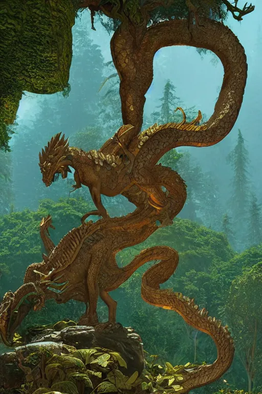 Image similar to ancient stone dragon in a forest clearing | by Edmund Dulac and Maxfield Parrish | ornate carved stone | inlaid gems | climbing vines| rich color | dramatic cinematic lighting | golden hour| featured on Artstation | cgsociety | unreal engine