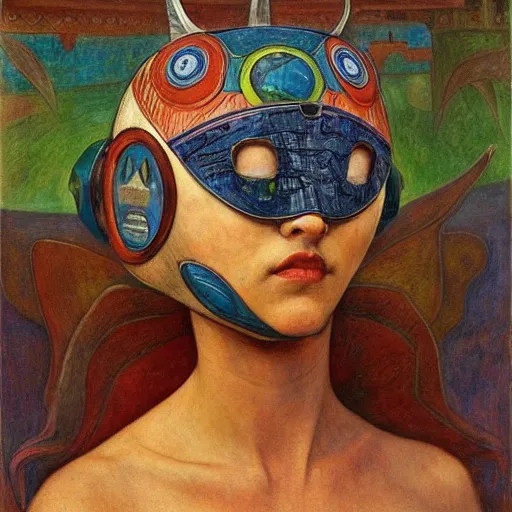 Image similar to the bird queen with her robot mask, by annie swynnerton and diego rivera and elihu vedder, symbolist, dramatic lighting, elaborate geometric ornament, head and shoulders view, art brut, soft cool colors, smooth, sharp focus, extremely detailed, adolf wolfli, donato giancola