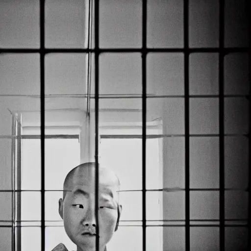 Image similar to an 8 5 mm portrait of a justin sun in prison looking through the bars of his cell, by annie leibovitz, shallow depth of field, cinematic lighting