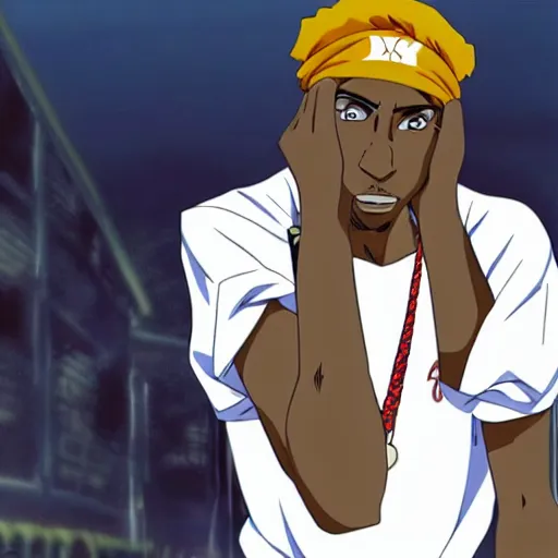 Image similar to Tupac Shakur, screenshot from a 2012s anime, anime