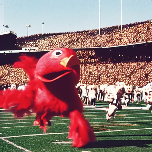 Image similar to the famous funky chicken runs across a football field, interrupting the big game, 3 5 mm