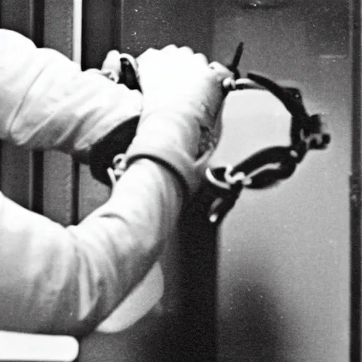 Prompt: photograph of an astronaut in handcuffs inside a jail cell