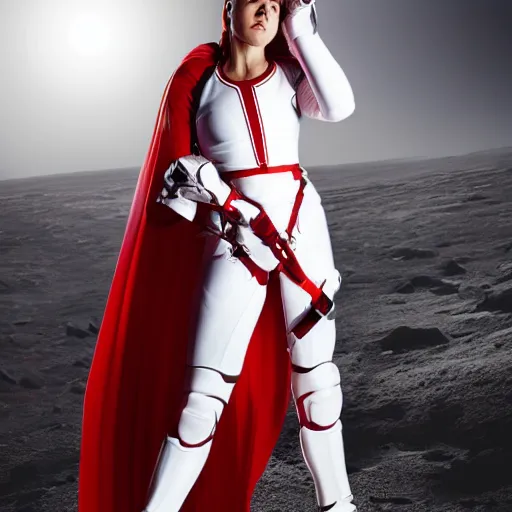 Image similar to portrait of a athletic female soldier in glossy sleek white armor with tiny red details and a long red cape, heroic posture, on the surface of mars, night time, dramatic lighting, cinematic, sci-fi, hyperrealistic