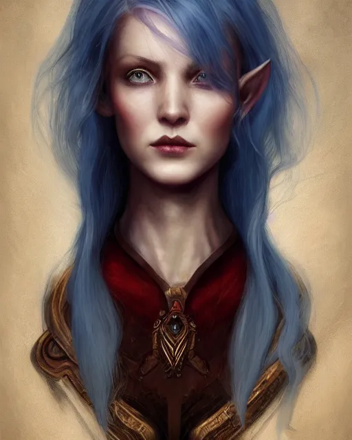 Prompt: A detailed matte oil on canvas head on symmetrical portrait of a distinguished elven woman with vertically split red hair left and blue hair on an empty background, by Charlie bowater and lise deharme wlop, trending on artstationhd, dungeons and dragons art, half & half hair, split dye, critical role