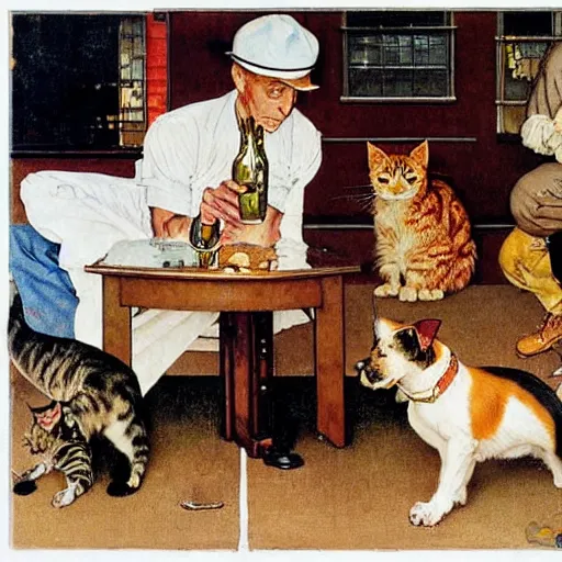 Image similar to norman rockwell painting of cats and dogs drinking beer