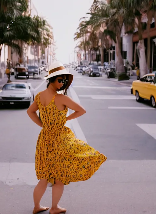Prompt: a beautiful brown hair woman in a yellow sun dress, wearing sunglasses and a large white hat in downtown Los Angelas, medium full shot, 50mm lens, Kodak Portra 400 film