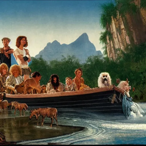 Image similar to an extremely detailed matte painting of the animals leaving noah's ark, 4 k, noah's ark, antediluvian, by bob ross and norman rockwell