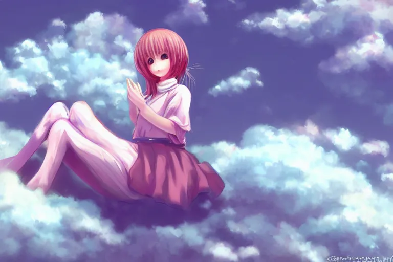 Image similar to a cute anime girl sitting on a cloud, digital painting, anime, portrait