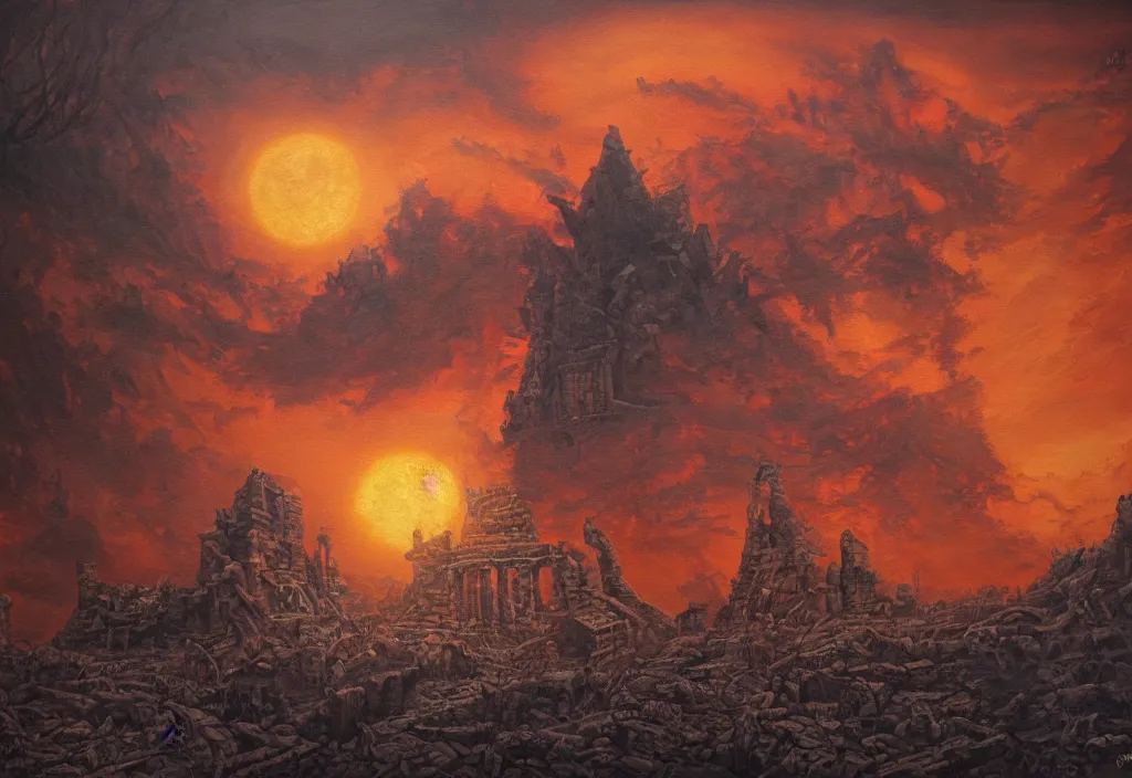 Image similar to shadow of the tyrant Sun above the ruins of the old kingdom red sun dead sky necromantic solar mythos, award winning oil painting, dead mythos palette