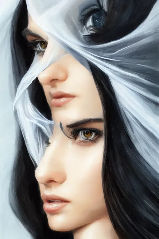 Image similar to Ameera al-Taweel, blue eyes, long wavy black hair, fierce look, white veil, closeup, focus face, elegant, highly detailed, centered, digital painting, artstation, concept art, art by artgerm and donato giancola and Joseph Christian Leyendecker, Ross Tran, WLOP