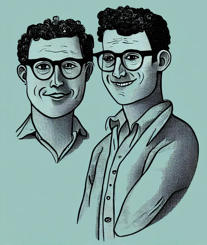 Prompt: man with glasses, dark short curly hair smiling, illustration in the style of p. d. eastman