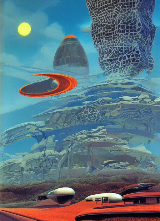 Prompt: ! dream retro futurism, solarpunk, artwork by roger dean, by dean ellis