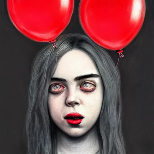 Image similar to surrealism grunge cartoon sketch of billie eilish with a wide smile and a red balloon by - michael karcz, loony toons style, horror theme, detailed, elegant, intricate