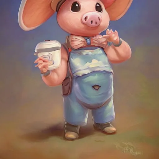 Image similar to cute little anthropomorphic funny female pig wearing shorts, a sunhat, boots and a pale blue shirt!! tiny!! fully clothed!!! small, short, cute and adorable, character art portrait, matte fantasy painting, deviantart artstation, by jason felix by steve argyle by tyler jacobson by peter mohrbacher, cinema