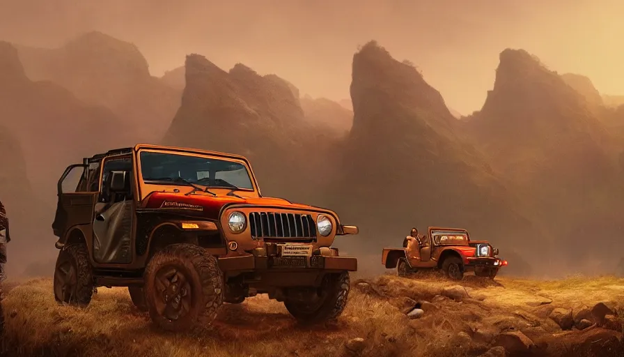 Image similar to Mahindra thar, tribe members watching nearby, an epic fantasy, dramatic lighting, cinematic, establishing shot, extremely high detail, photorealistic, shot on red camera, cinematic lighting, artstation, by simon stalenhag, shadow of the tomb rider