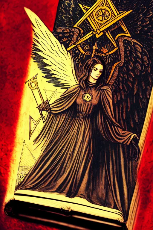 Image similar to dark angel holding a book of necronomicon, tarot card, masonic, secret society, communism, socialism, symmetrical, cinematic, sharp focus, 4 k, ultra hd, sense of awe, forbidden knowledge