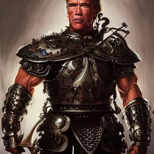 Image similar to arnold schwarzenegger wearing gothic plate armour and holding sword with no helmet, fantasy, intricate, elegant, artstation, concept art, smooth, sharp focus by huang guangjian and gil elvgren and sachin teng