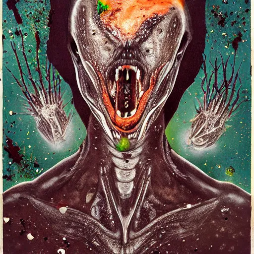 Prompt: a sentient alien. angular jaw, mouth opened in a snarl, omniverous teeth, throat is covered in spiny hairs, smooth bioluminescent skin is splattered by brown freckles, middle aged, hunter gatherer holding a opal tipped spear, portrait photograph