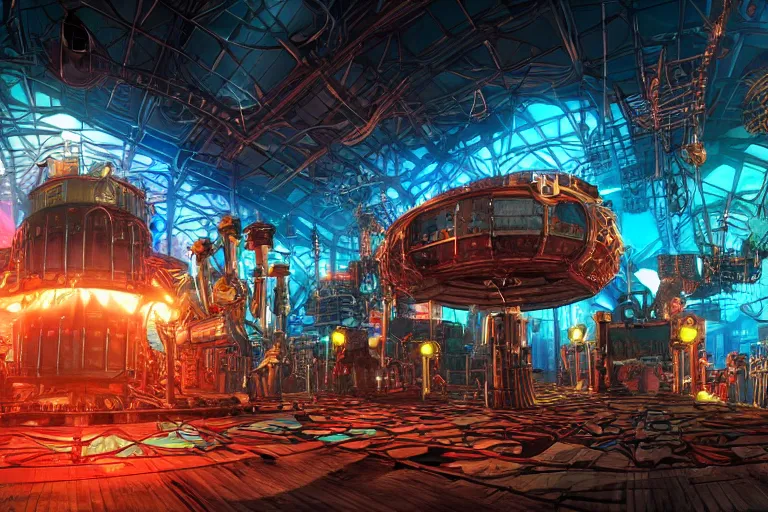 Prompt: a festival stage, bandname is tripmachine, center of the stage are two huge futuristic steampunk generators inside a huge steampunk engine, 8 k, fluorescent colors, halluzinogenic, multicolored, exaggerated detailed, unreal engine